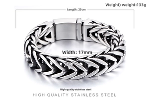 Detailed specs of men's chunky V-shaped stainless steel wheat chain bracelet, 133g weight