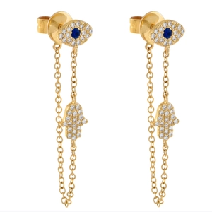 925 Sterling silver evil eye and Hamsa hand drop earrings with blue cubic zirconia stones