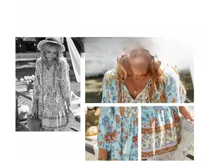 Dettaglio dell'abito floreale boho con scollo a V, nappe e motivi variopinti