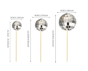 Size chart showing 3cm, 4cm, and 5cm disco ball cake toppers with height measurements