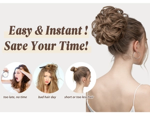 Detailed comparison of brown curly hair bun extension with easy styling before and after effects