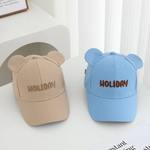 Kids baseball cap with cute 3D ears and Holiday embroidery in khaki and blue
