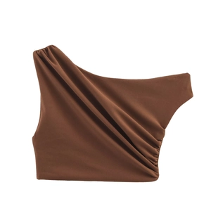 Crop Top Asymétrique Froncé À Une Épaule Et Jupe Midi Marron En Coton Polyester Texturé Streetwear Décontracté