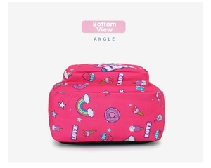 Detail view of the durable black wear-resistant base of this cute unicorn child backpack