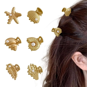 Mini Alloy Hair Claws Ocean Theme Starfish Shell Gold Metal Hair Clips With Faux Artificial Pearl Decorative Fashion Headwear For Women