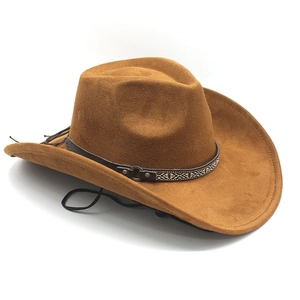 Detail of brown suede cowboy hat featuring ethnic braided band and adjustable chin strap