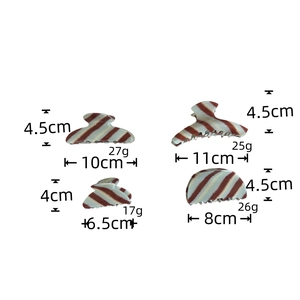 Brown and blue-grey striped hair claw clips in various sizes showing detailed dimensions