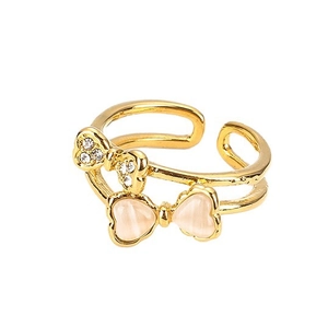 Minimalist double-layer gold stainless steel ring with rhinestones and bow design
