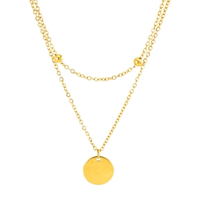 Double-layered 18K gold plated stainless steel necklace with round beads and circular pendant