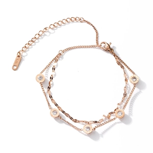 Rose gold double-layer chain bracelet featuring Roman numeral engraved zircon charms