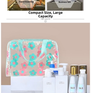 Detail of high capacity waterproof PVC toiletry bag with floral print and light blue handle