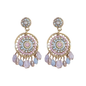Bohemian dreamcatcher style gold earrings with colorful rhinestones and beaded tassels