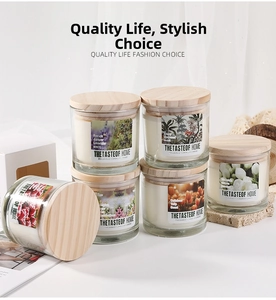 Detailed view of scented glass candles with wooden lids and assorted floral labels