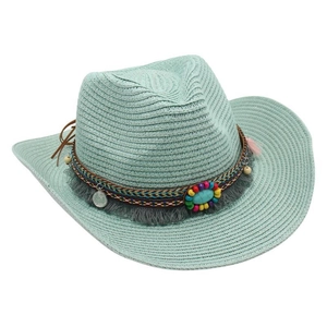 Detail of mint green straw cowboy hat with bohemian turquoise bead and tassel trim