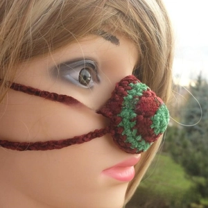 Handmade knitted nose warmer with red and green festive stripes and comfortable ear loops