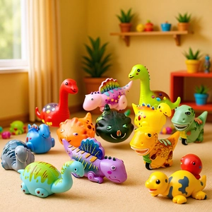 Colorful cartoon dinosaur inertia toy cars set for kids on a warm soft playroom carpet