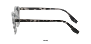 Side view of chic round sunglasses with transparent grey frames and tortoiseshell temples