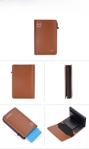 Detailed views of brown litchi pattern leather RFID wallet with mechanical pop-up card slot