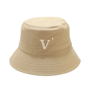 Bob unisexe en coton beige avec broderie lettre V et bord cousu de haute qualité