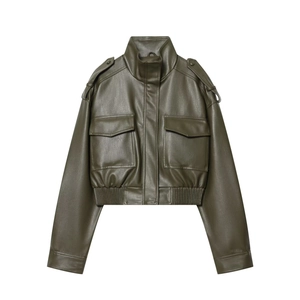 Olive green faux leather cropped bomber jacket with utility pockets and high collar