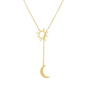 Collier en Y doré en acier inoxydable avec pendentifs soleil et croissant de lune