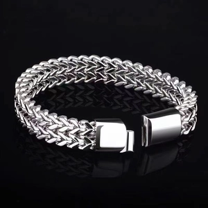 Hip hop silver stainless steel Cuban link bracelet with square clasp for men