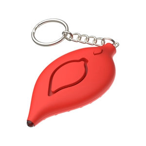Leaf-shaped red personal safety alarm with metal keychain and emergency button detail