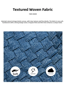 Detailed macro view of premium woven denim fabric texture with artisan hand-knotted patterns