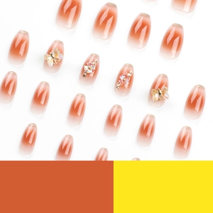 Brown gradient coffin press-on nails with 3D gold butterflies and flower rhinestones