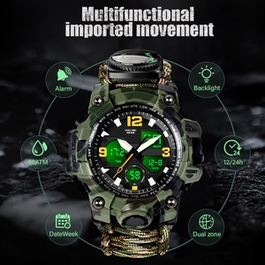 Detail view of multifunctional camo outdoor watch with paracord strap and compass features