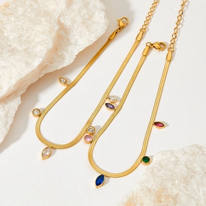 Gold stainless steel flat snake chain anklets with colorful zircon stone tassel charms