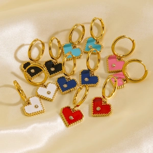 Heart Dangle Hoop Earrings Stainless Steel 14K Gold Plated Enamel Colorful Rhinestone For Women