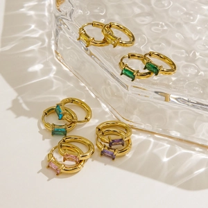 18K gold plated hoop earrings with colorful square zircons in a group display