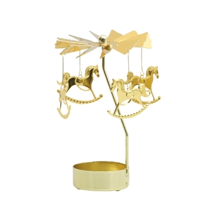 Rotating carousel candle holder in golden metal with horse pendants for home decor