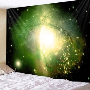 Macro detail of high-quality polyester fabric showing colorful nebula galaxy printing