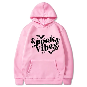 Pink Spooky Vibes Halloween hoodie with black bats and stars graphic print for unisex