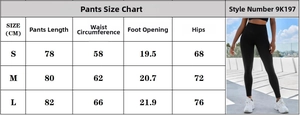 Size chart for seamless high waisted slimming gym leggings for women in S, M and L