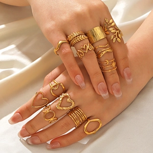 Stainless Steel Adjustable Open Ring For Women Heart Star Moon Wave Geometric Gold Plated Fashion Jewelry
