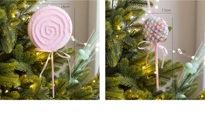 Detailed view of pink and colorful lollipop Christmas tree ornaments in two sizes