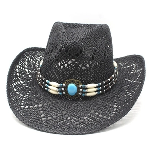 Retro black woven western cowboy hat with breathable cut-outs and turquoise bead band