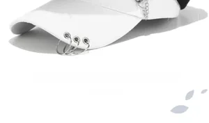 Detail of white cotton baseball cap featuring metal rings and punk style chain accessory