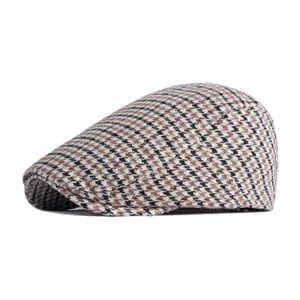 Béret rétro à motif pied-de-poule style britannique en laine pour homme et femme