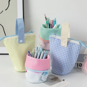 Aesthetic large capacity canvas pencil case with handle and telescopic stand design