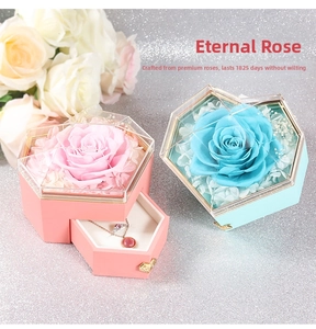 Preserved rose jewelry box with hexagonal design and storage drawer for necklaces