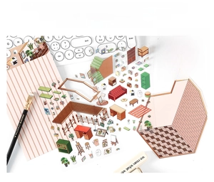 Detailed view of DIY miniature room stickers with cozy furniture and home decor elements