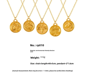Detail view of 18K gold plated zodiac pendants with embossed titanium steel chain details