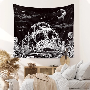 Bohemian black and white skull tapestry featuring moon and stars for bedroom wall decor
