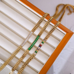 18K gold plated mesh link bracelet with rectangular zircon in white green and rainbow colors