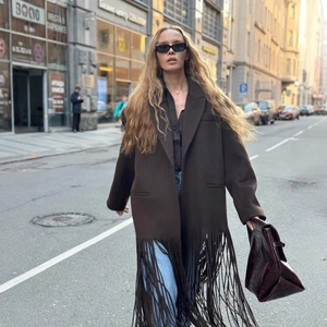 Women Long Tassel Hem Woolen Coat Long Sleeve Lapel Single Breasted Loose Outerwear Street Fashion Fringe Jacket