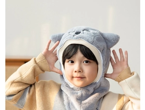 Close-up of a soft grey plush hooded scarf with animal ears for children winter